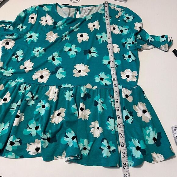 Cute summer top elbow sleeve emerald green floral peplum waist bow knot sz large - Picture 8 of 11